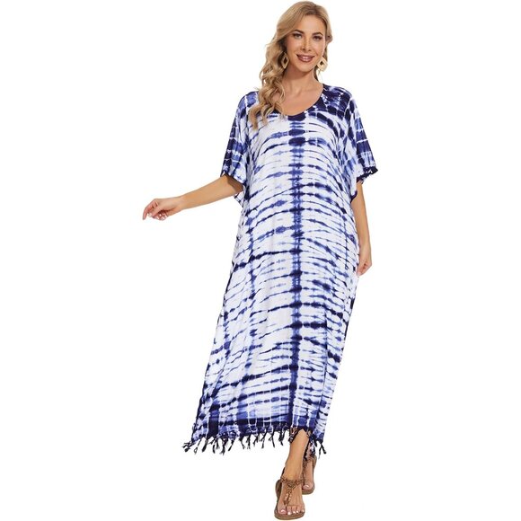 Women Tie Dye Caftan Maxi Dress Plus Size V-Neck Rayon Loungewear Casual - Picture 3 of 9